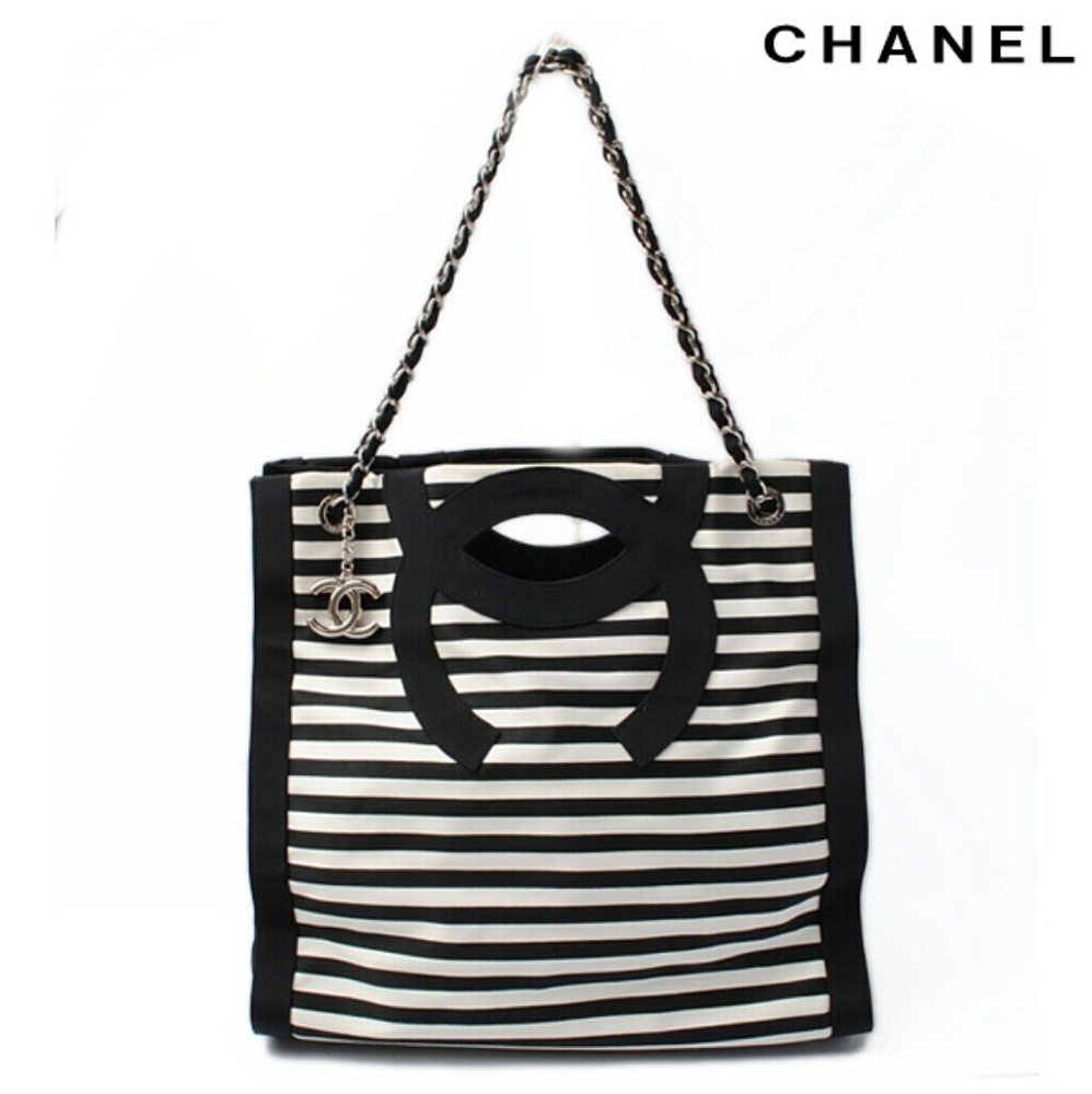 CHANEL Monochrome Canvas Striped Tote